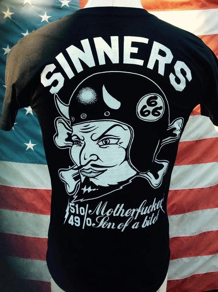SINNERS BIKER DEVIL HELMET SHIRT old school punk retro vtg Chopper Motorcycle Unisex