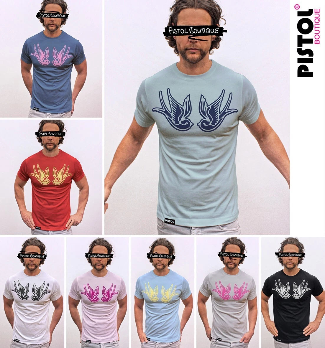 Pistol Boutique Men's Crew Neck CHEST TATTOO SWALLOW BIRD LOGOS Fashion T-shirt