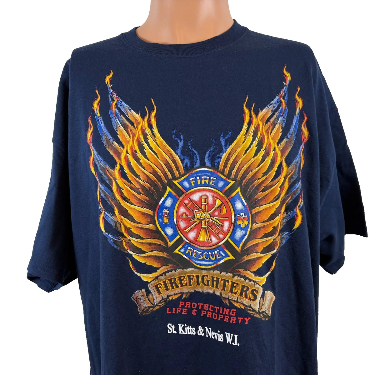 St Kitts Newis Firefighters T Shirt Mens XL Blue Fire And Rescue West Indies