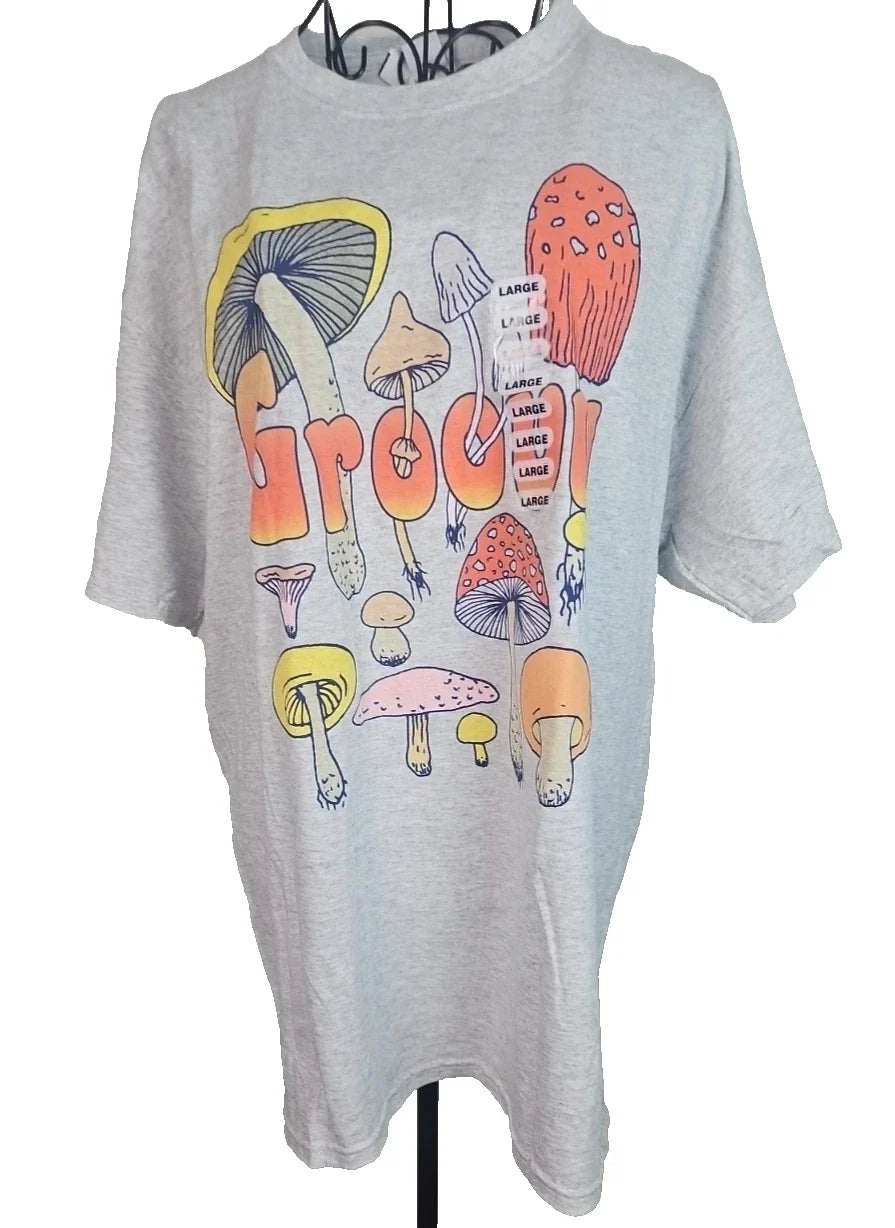 Retro Psychedelic Groovy Mushroom Gray Size Large Novelty Tee Shirt Unisex