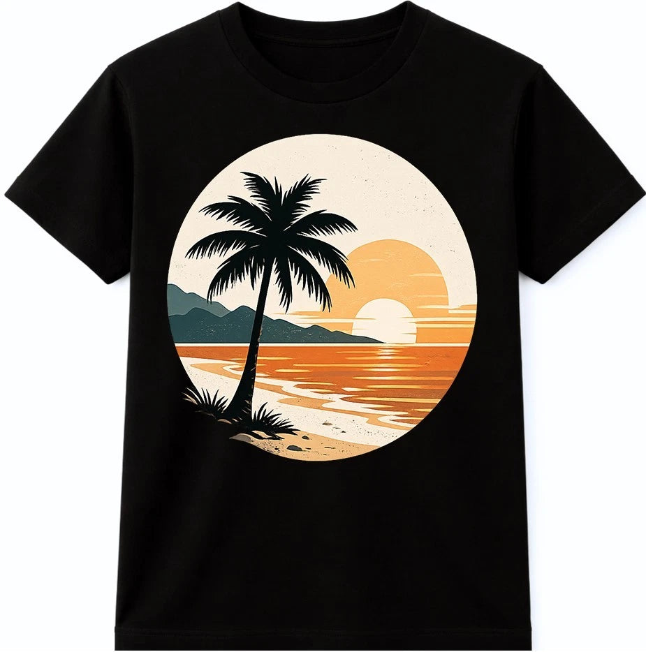 Retro Sunset Beach Palm Tree Silhouette Ocean Sunset Sunset Circle Art T Shirt.