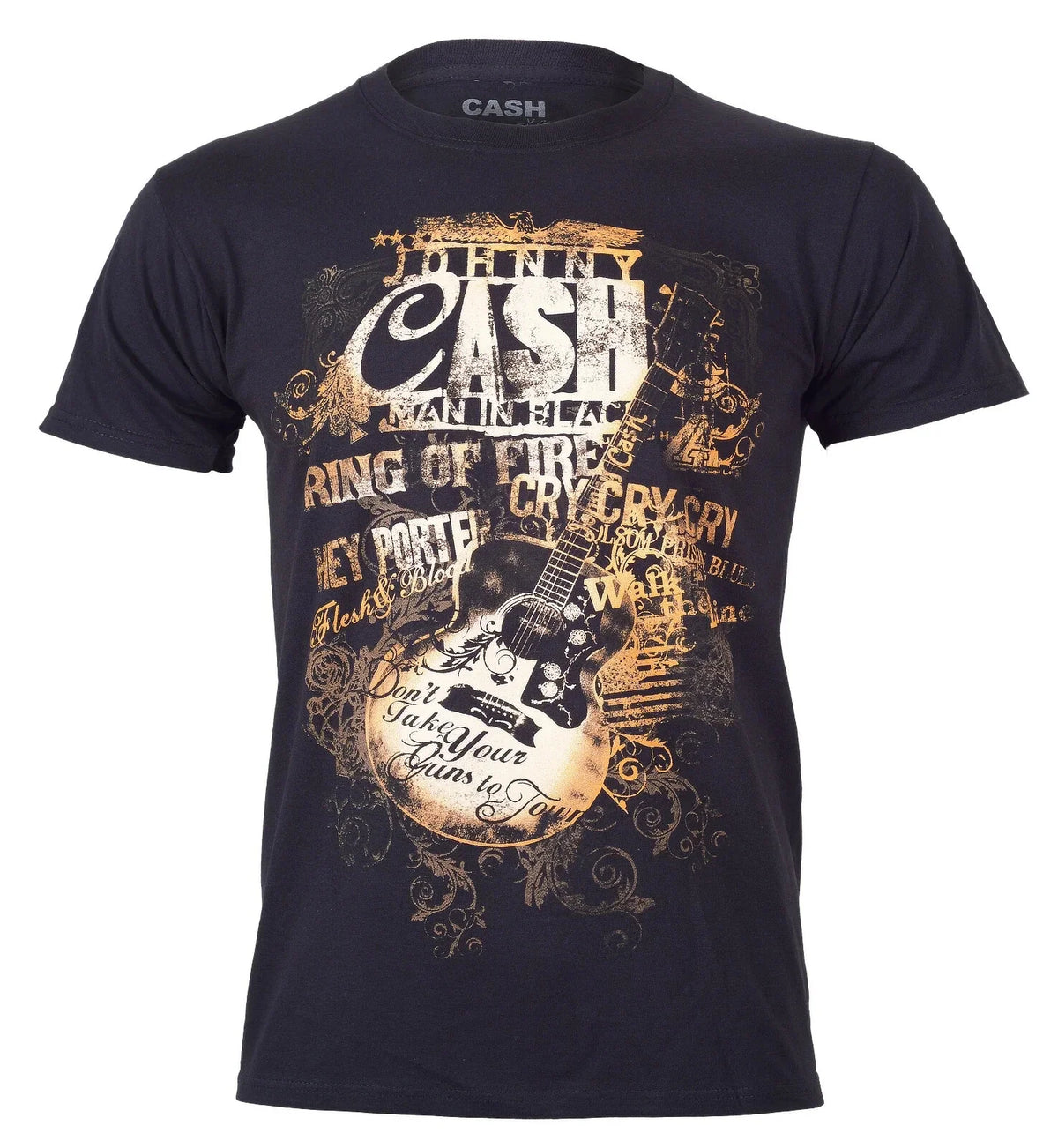 Official Johnny Cash T Shirt Black Song Titles Guitar Text New S M L XL XXL Unisex