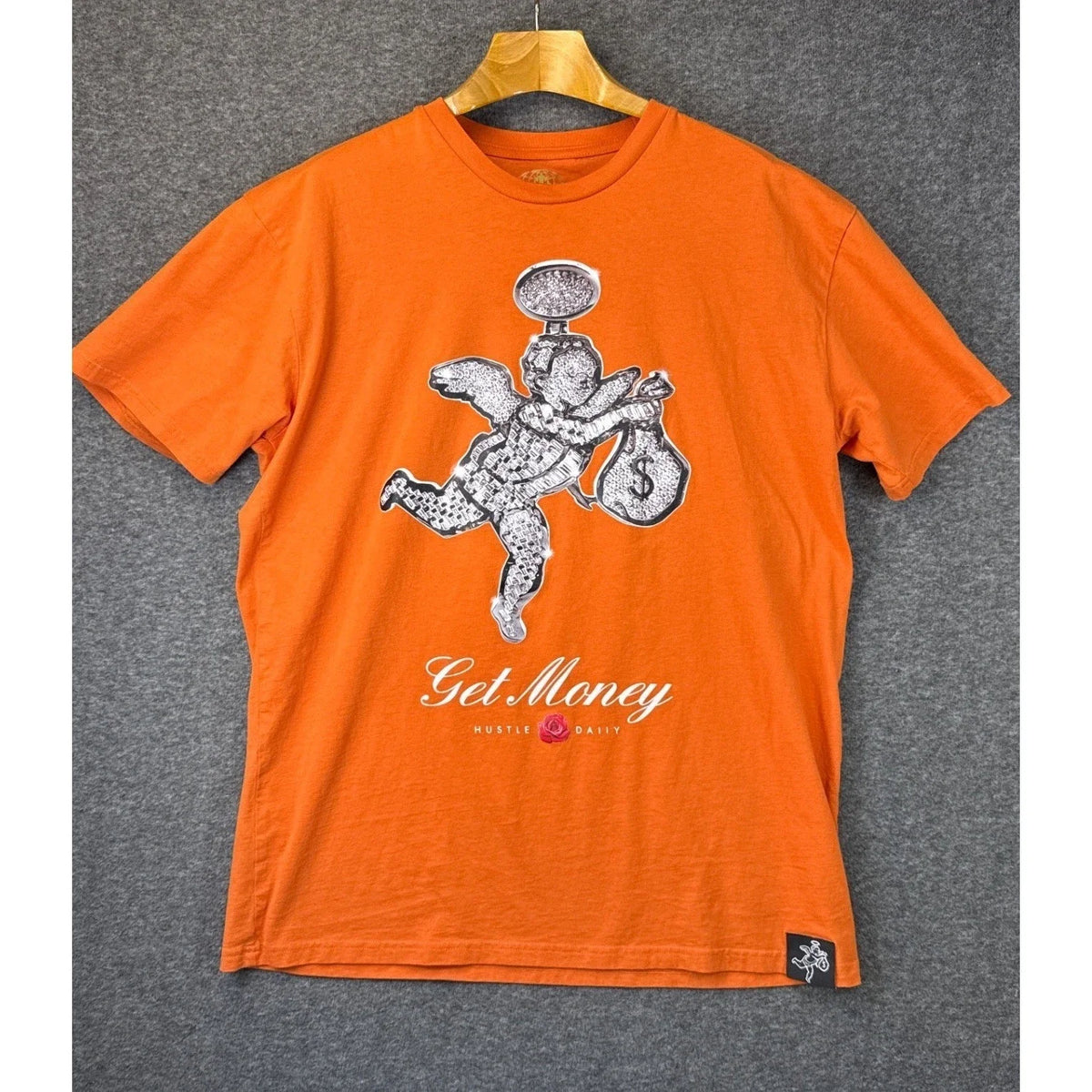 Muerte Graphic Tee Mens XL Orange Hipster Get Money Hustle Daily Cherub Angel Unisex
