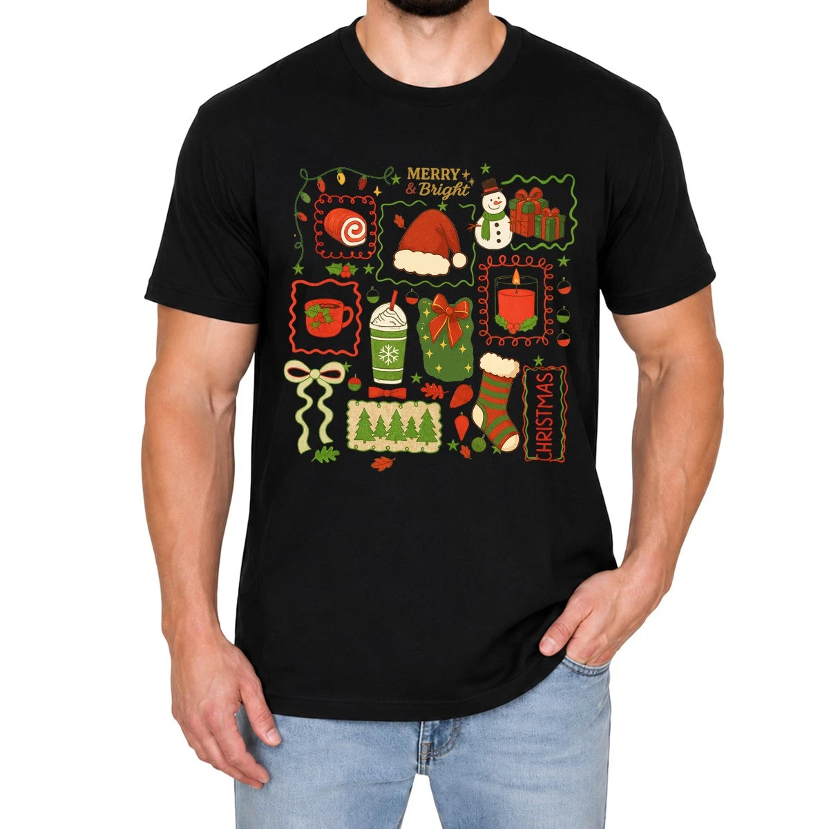 Vintage Christmas Collage Mens T-Shirt Merry And Bright Holiday Gift