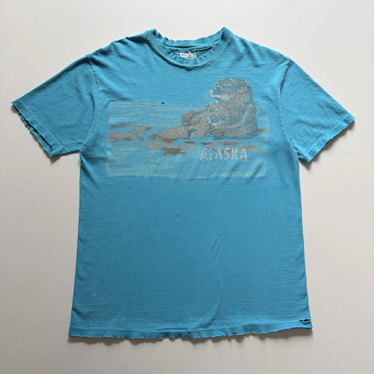 Vintage 90s Alaska Sea Otter Art Shirt Mens XL Hanes Beefy T Distressed Nature