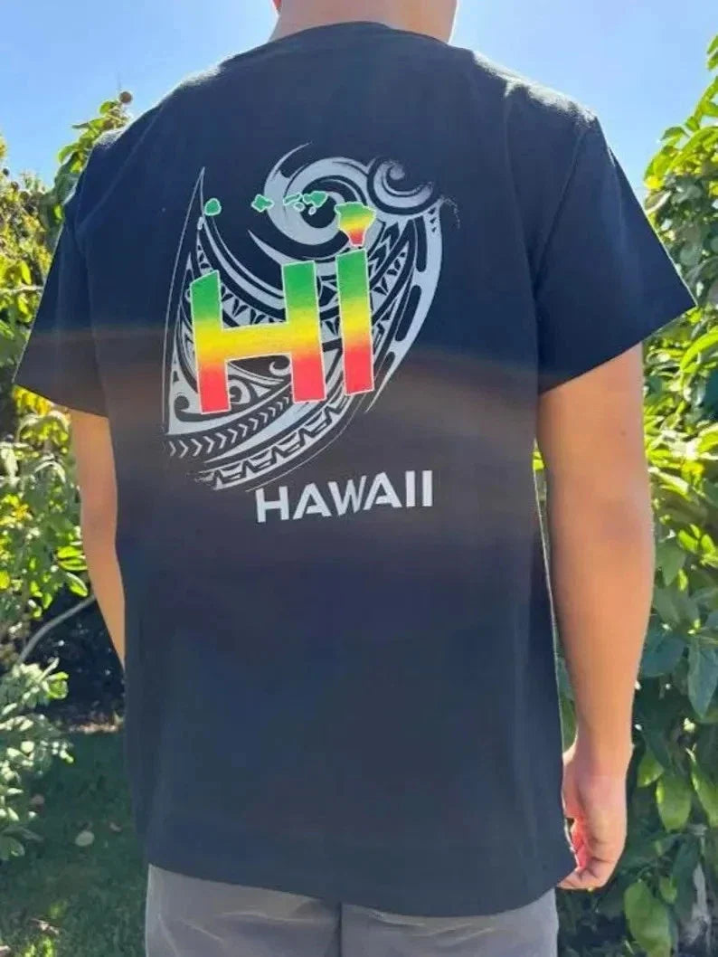 Hawaiian Rasta Tribal Design Premium Graphic Surfing Tee Men Cotton Unisex