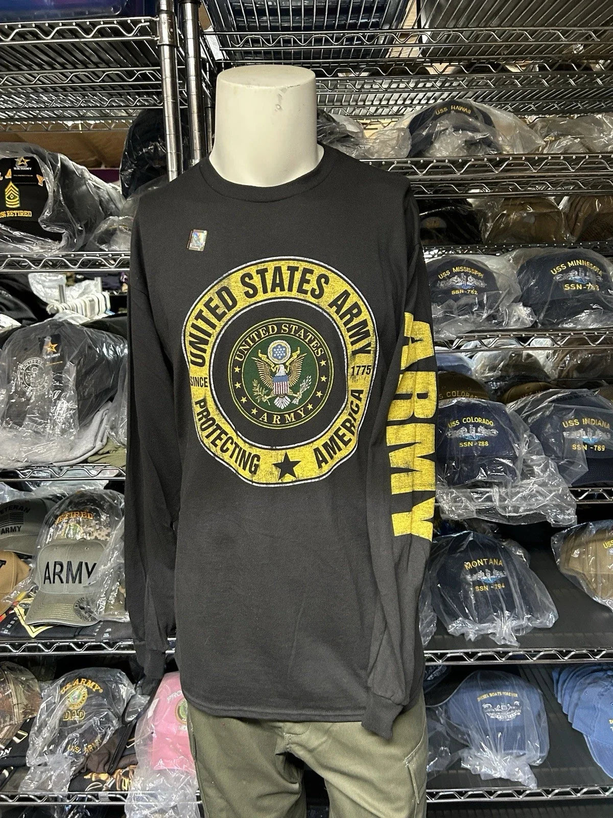 US Army Long Sleeve Black Protecting America Veteran Sleeve Print Unisex