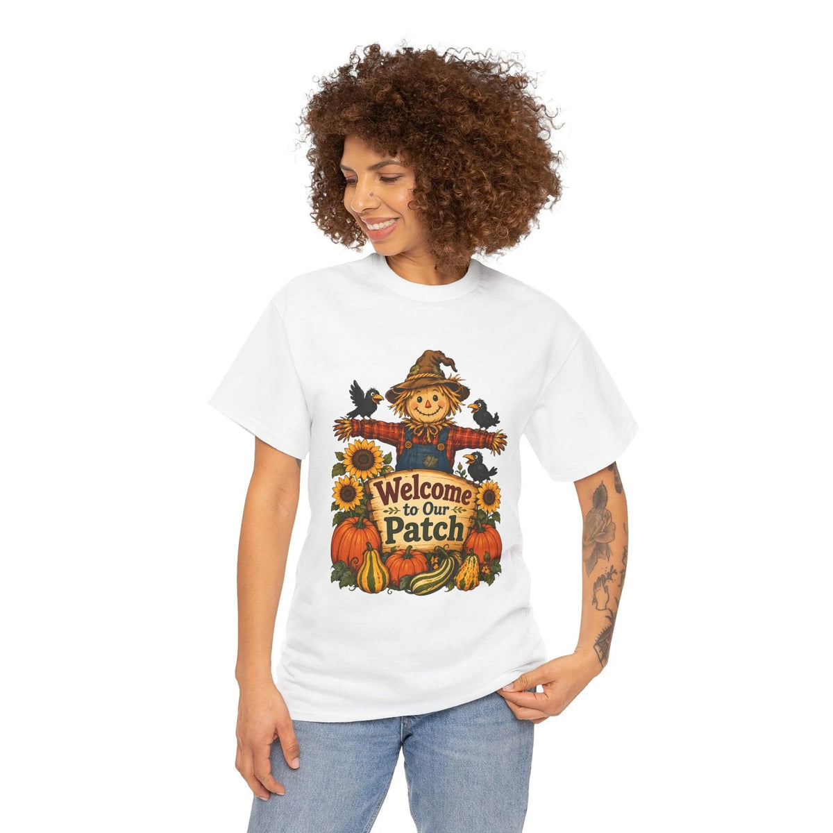 Cute Scarecrow Pumpkin Patch Autumn Harvest Storybook Unisex Heavy Cotton Tee