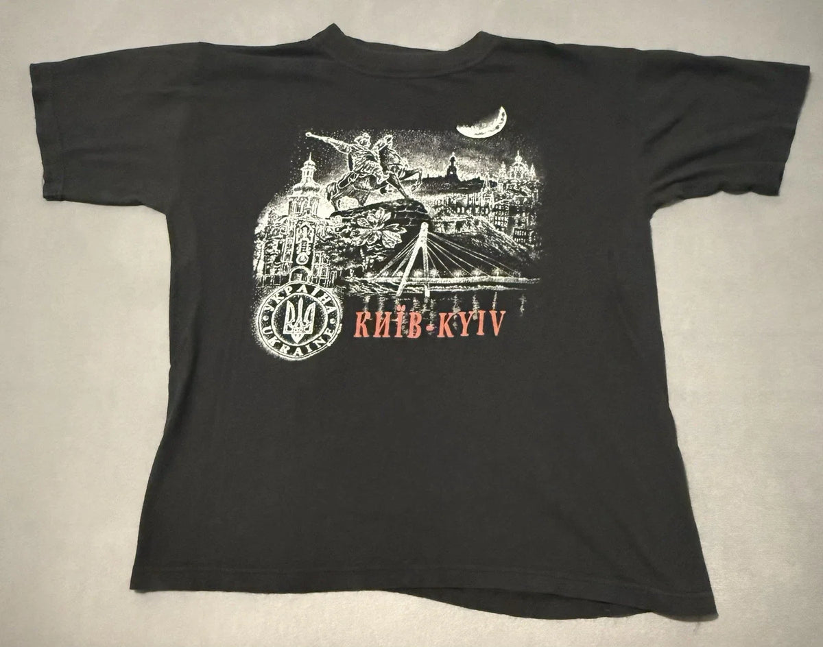Vintage Kyiv Ukraine Shirt Mens M Black City Landmark Graphic Travel Tee Unisex