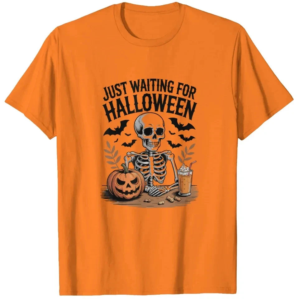 just waiting for halloween skeleton ice coffee jack lantern 1 T-Shirts
