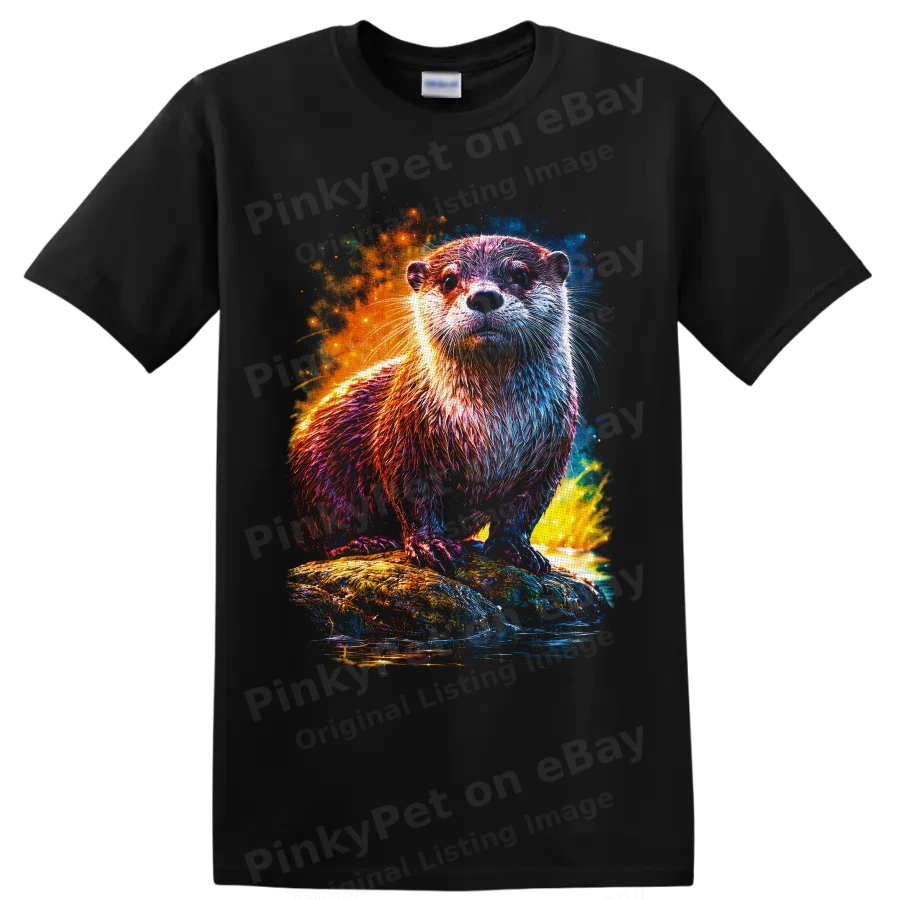 Otter Cosmic Neon Wildlife T Shirt w/ Colorful River Art Graphic Tee Animal