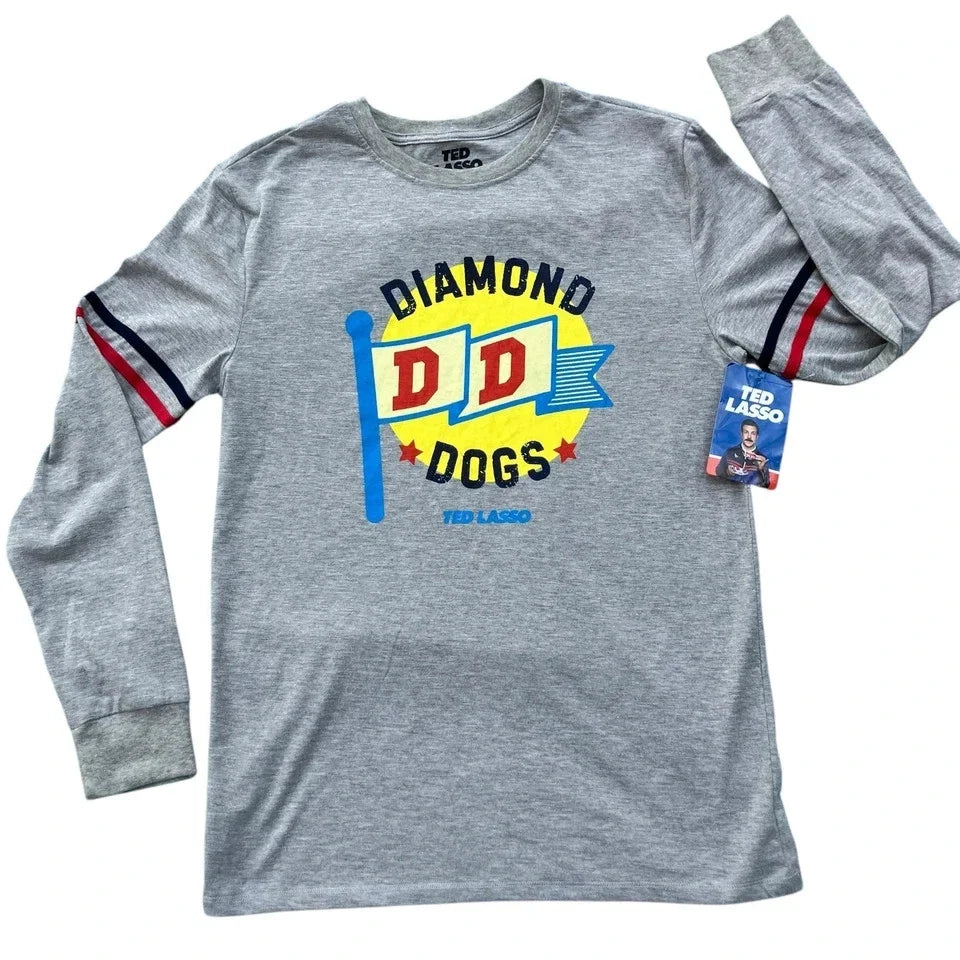 Ted Lasso Shirt Gray Long Sleeve Crew Neck Diamond Dogs Soccer Size L S234 Unisex
