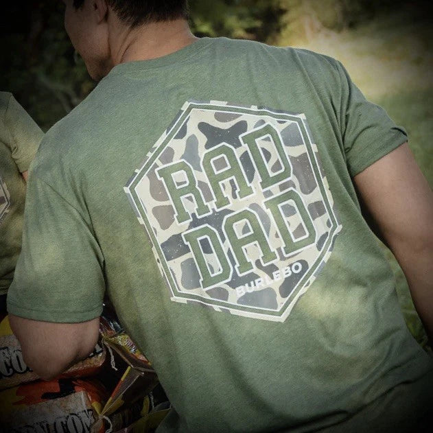 Father’s Day - Burlebo Short Sleeve Tee “Rad Dad Deer Camo” Heather Olive Large Unisex