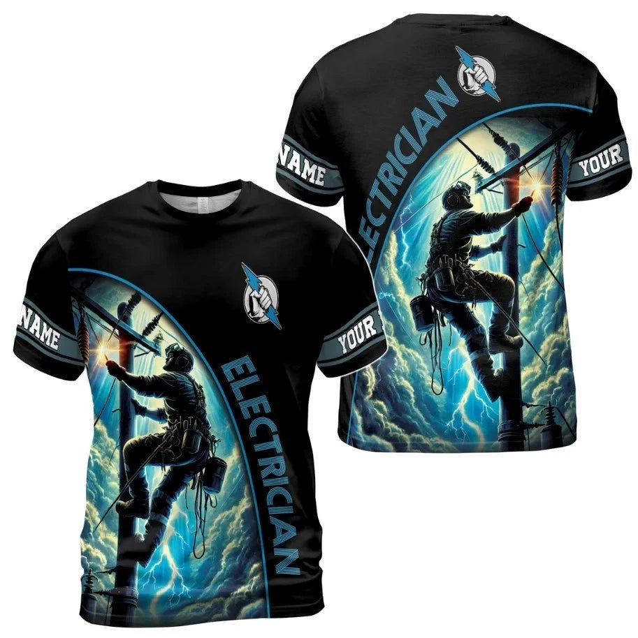 Electrician Climbing Pole 3D T-Shirt: Skilled Labor Industrial Art (S-5XL)