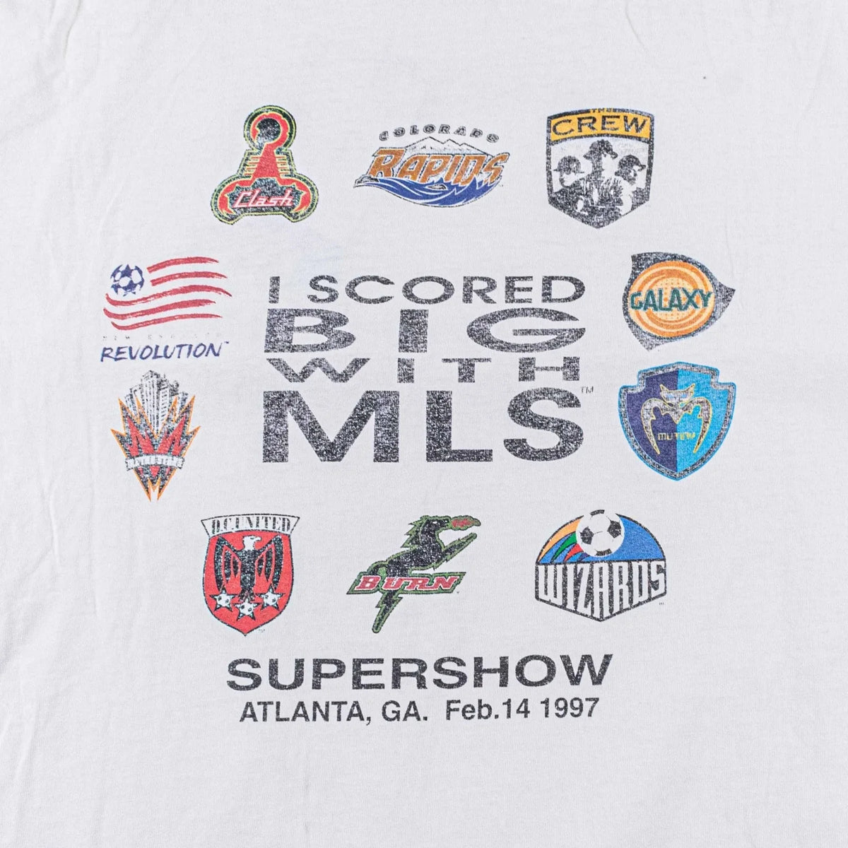 Vintage 1997 MLS Supershow AOP T Shirt Large 90s Soccer Distressed Thrashed Unisex