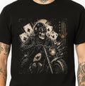 Skull Biker Skeleton Rider Motorcycle Poker Aces Cards Vintage Tee. Unisex