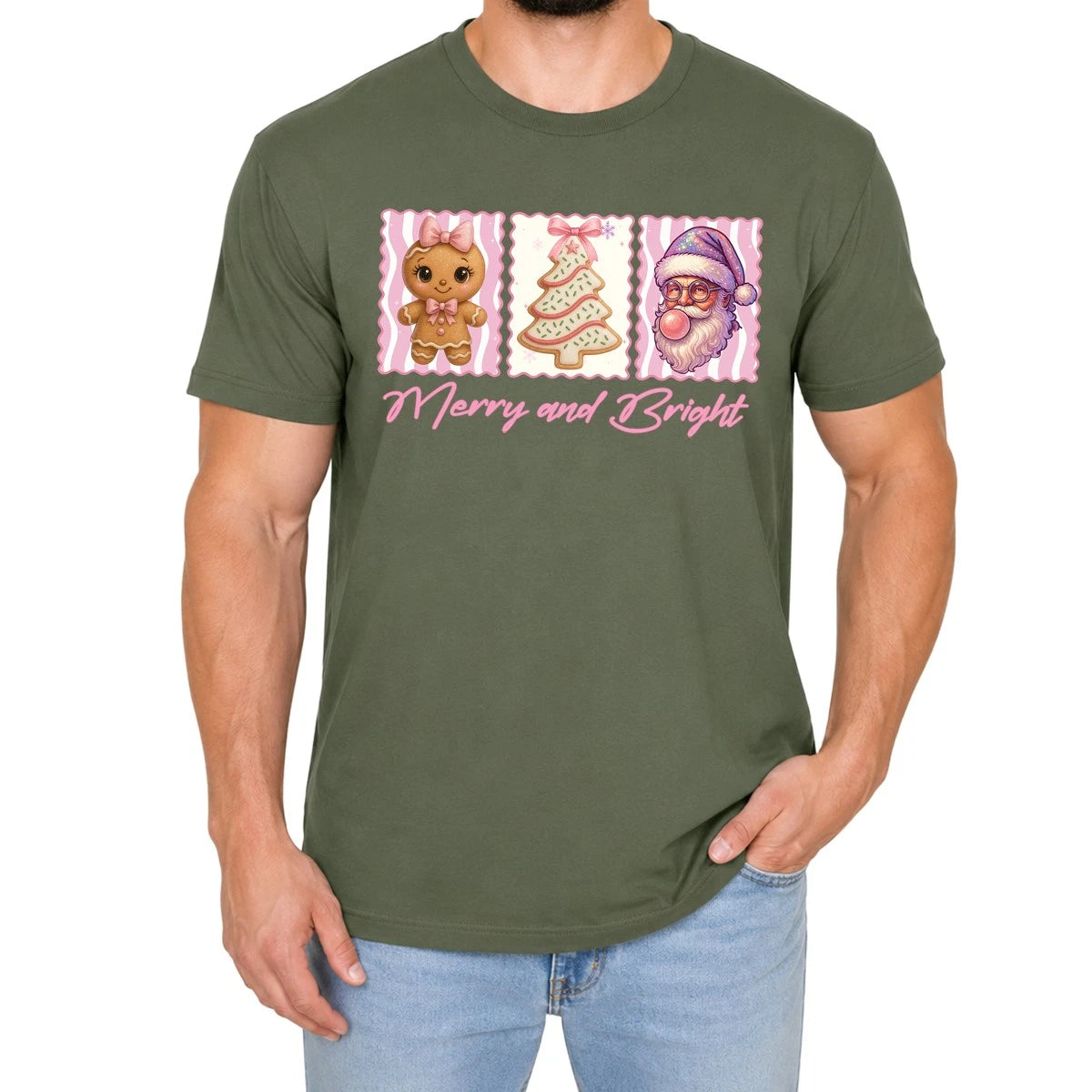 Cute Gingerbread Cookie Santa Mens T-Shirt Merry And Bright Christmas Gift