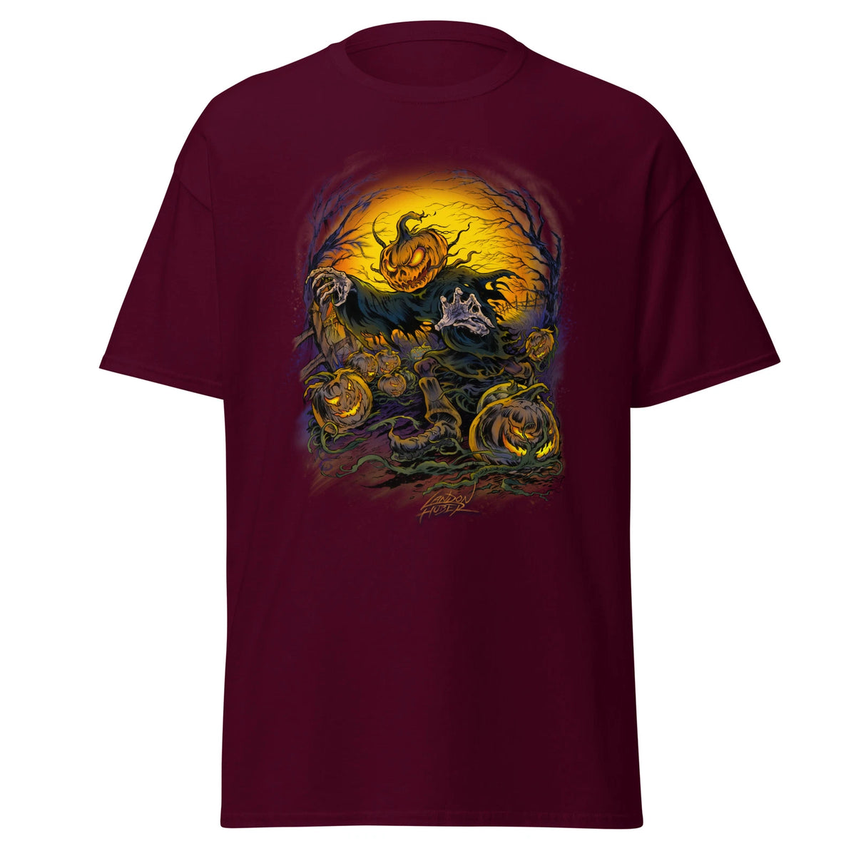All Hallows Eve T shirt-Pumpkin Face Skeleton in Pumpkin Patch T-shirt