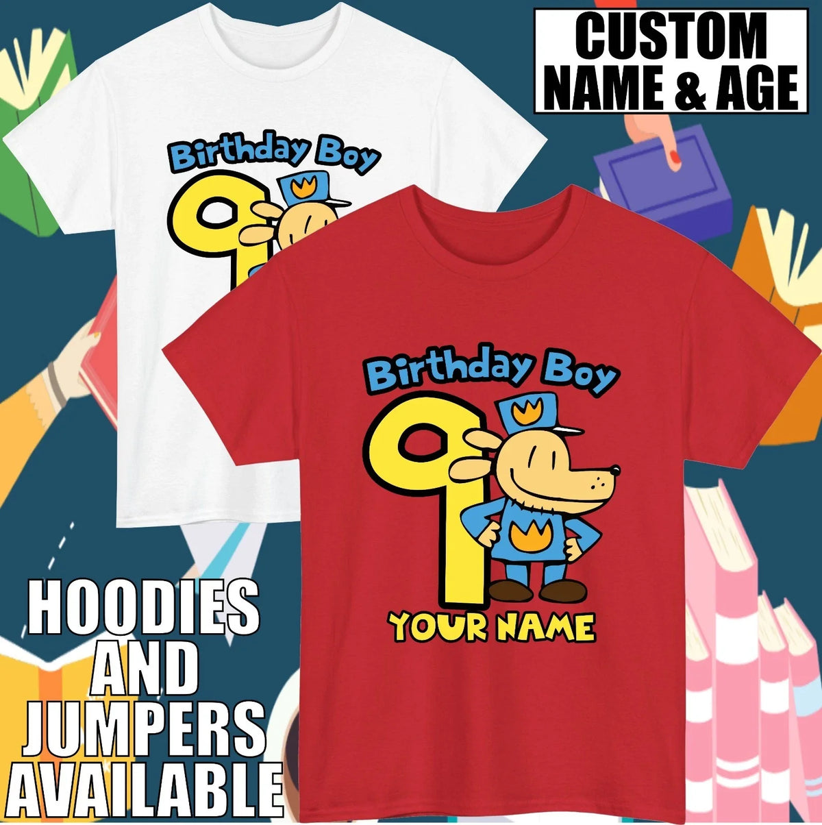 Personalised Dog Man Birthday Custom Age & Name World Book Day Tee Top Unisex