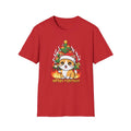 Meowy Christmas Cat T-Shirt | Cat in Santa Hat by a flaming Christmas Tree