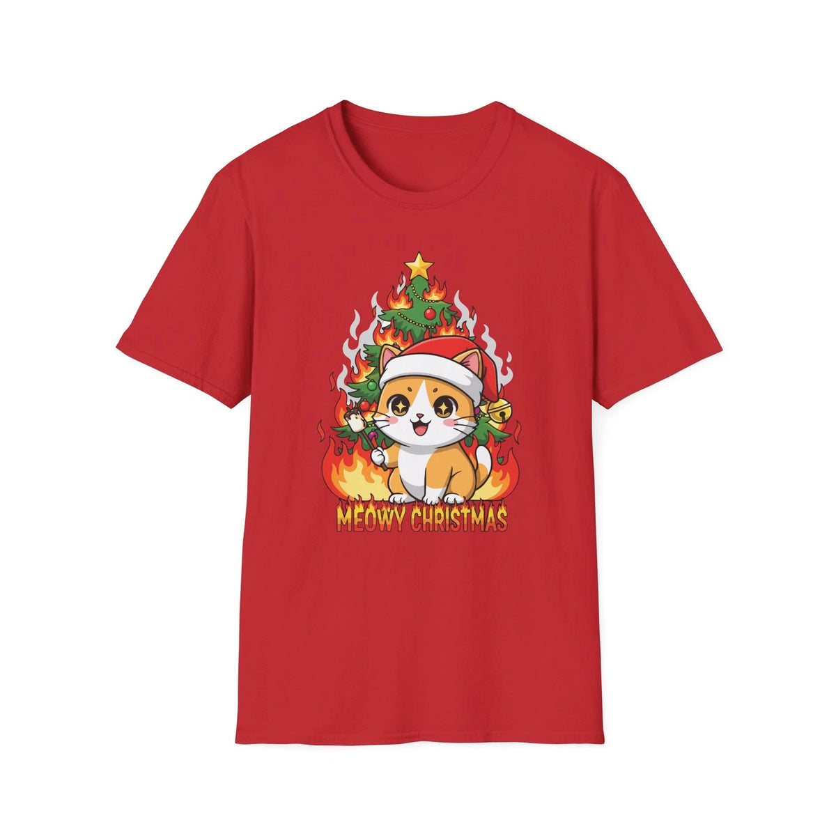 Meowy Christmas Cat T-Shirt | Cat in Santa Hat by a flaming Christmas Tree