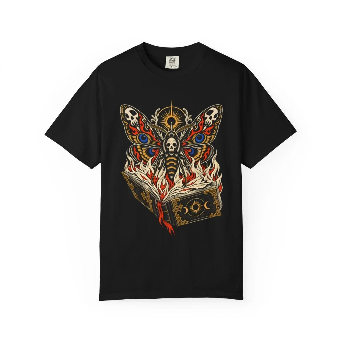 Deaths Head Moth Burning Book T-Shirt Black Front Print Comfort Colors 1717