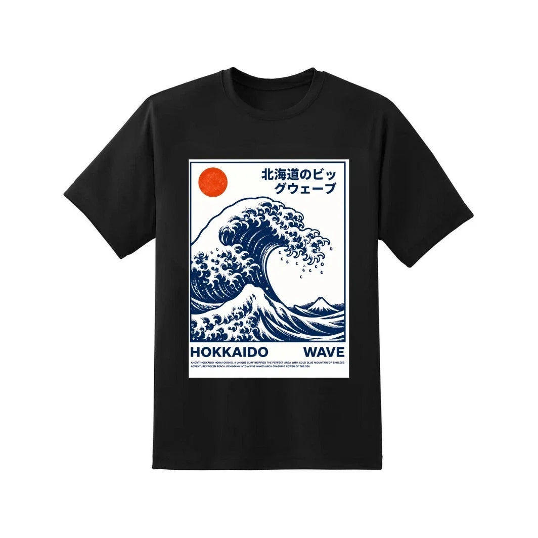 Hokkaido Wave Japanese Graphic T Shirt Men Women Retro Oversized Black Tee Unisex