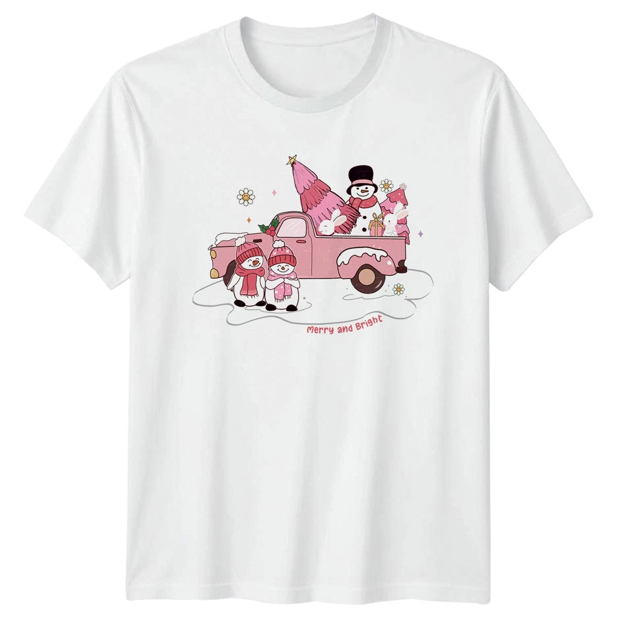 Merry And Bright Pink Christmas Truck Snowmen Holidays Unisex T-Shirt Men Women