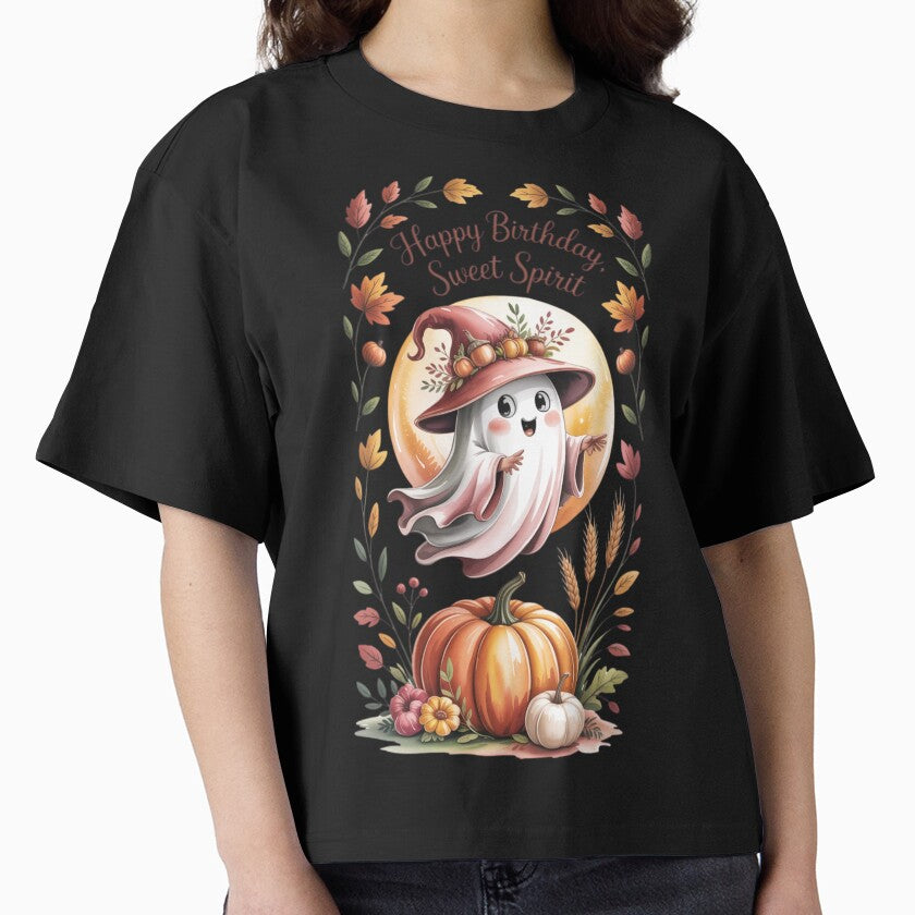 Whimsical Autumn Ghost with Pumpkin T-shirt and Woodland Flowers – Cozy Fall Illustration T-shirt , sticker by 5CatDesign