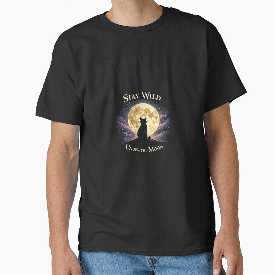 Stay Wild Under the Moon – Moon Cat Silhouette Aesthetic T-Shirt for Cat Lovers by Cozy Cat Collective