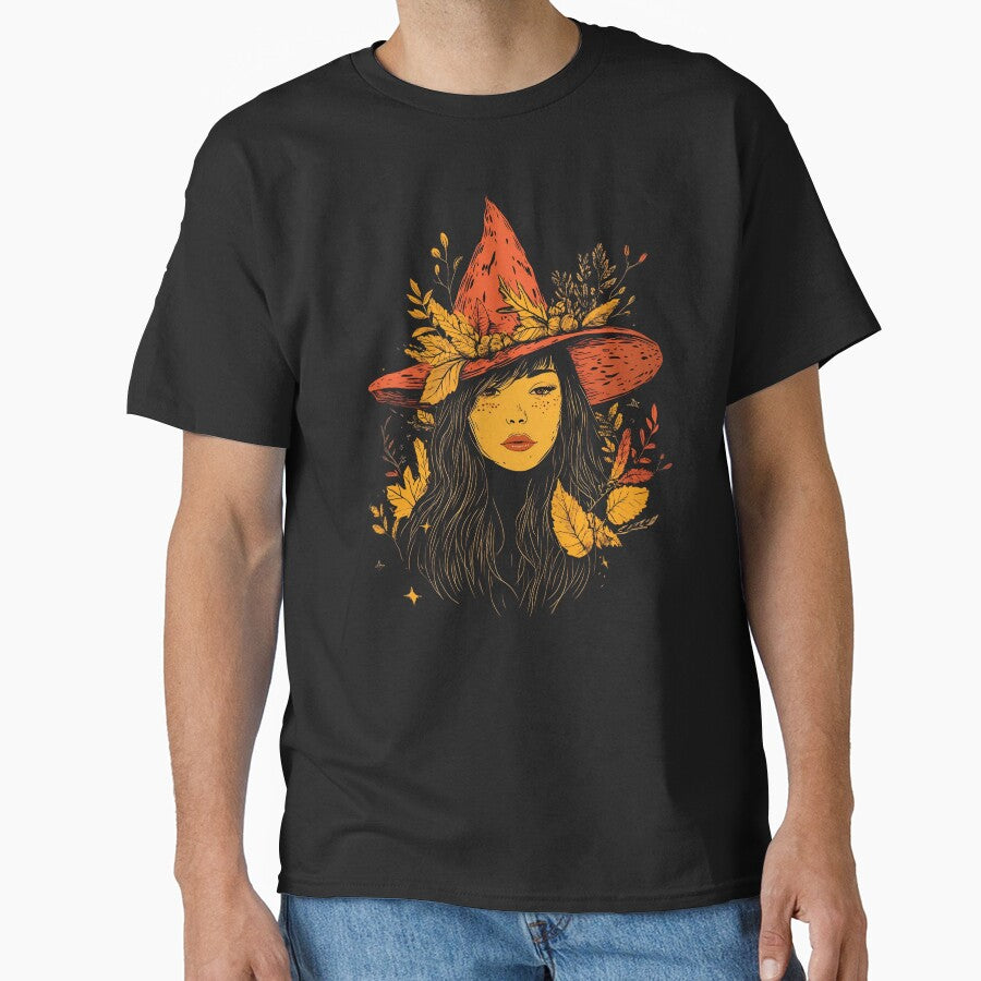 Cute girl, wearing an orange pointed hat decorated with floral ornaments, autumn mood, spooky season t-shirt by katerynaS99