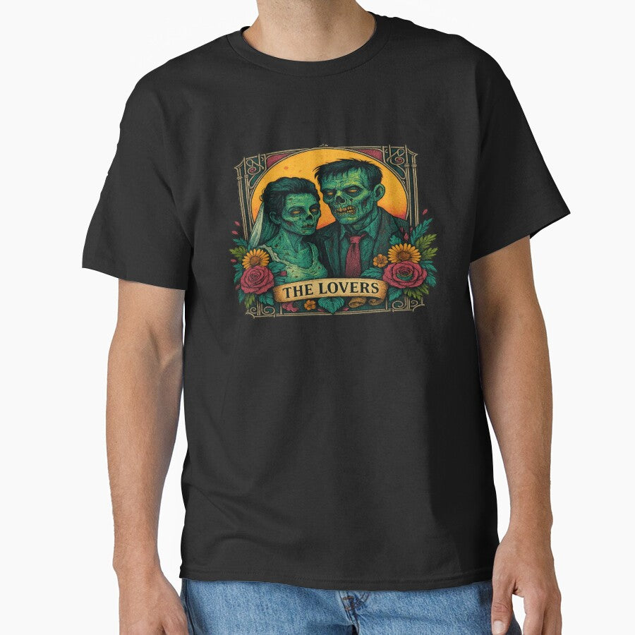 Zombie Lovers Tarot Card T-Shirt | Gothic Horror Couple Tee | Undead Bride & Groom Graphic Shirt | Halloween Gothic Romance Gift by POD DYNASTY | Original Print On Demand T-Shirt Graphics