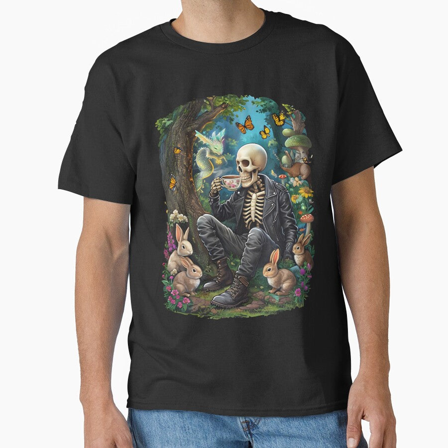 Skeleton enjoys coffee amid tranquil forest animals by PrettyDecor