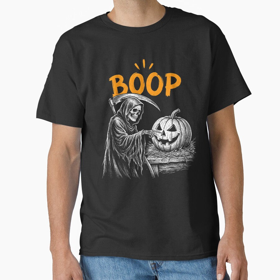 Vintage Halloween Grim Reaper Pumpkin Boo Retro Halloween Shirt by ArcaneArtistry