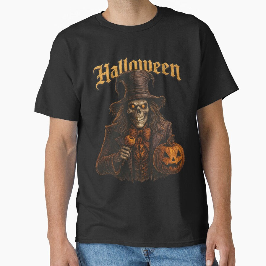 Vintage Gothic Skeleton Halloween T-Shirt | Spooky Skull Top Hat Tee | Dark Art Jack-O-Lantern Print | Creepy Fall Season Apparel by Graphisphere