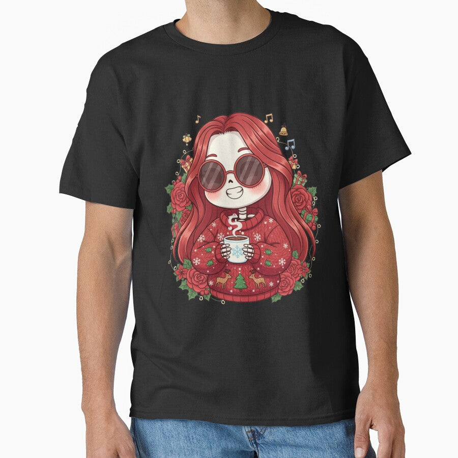 Chibi Skeleton Woman with Christmas Coffee | Cute Funny Holiday Art by ColorSplash123