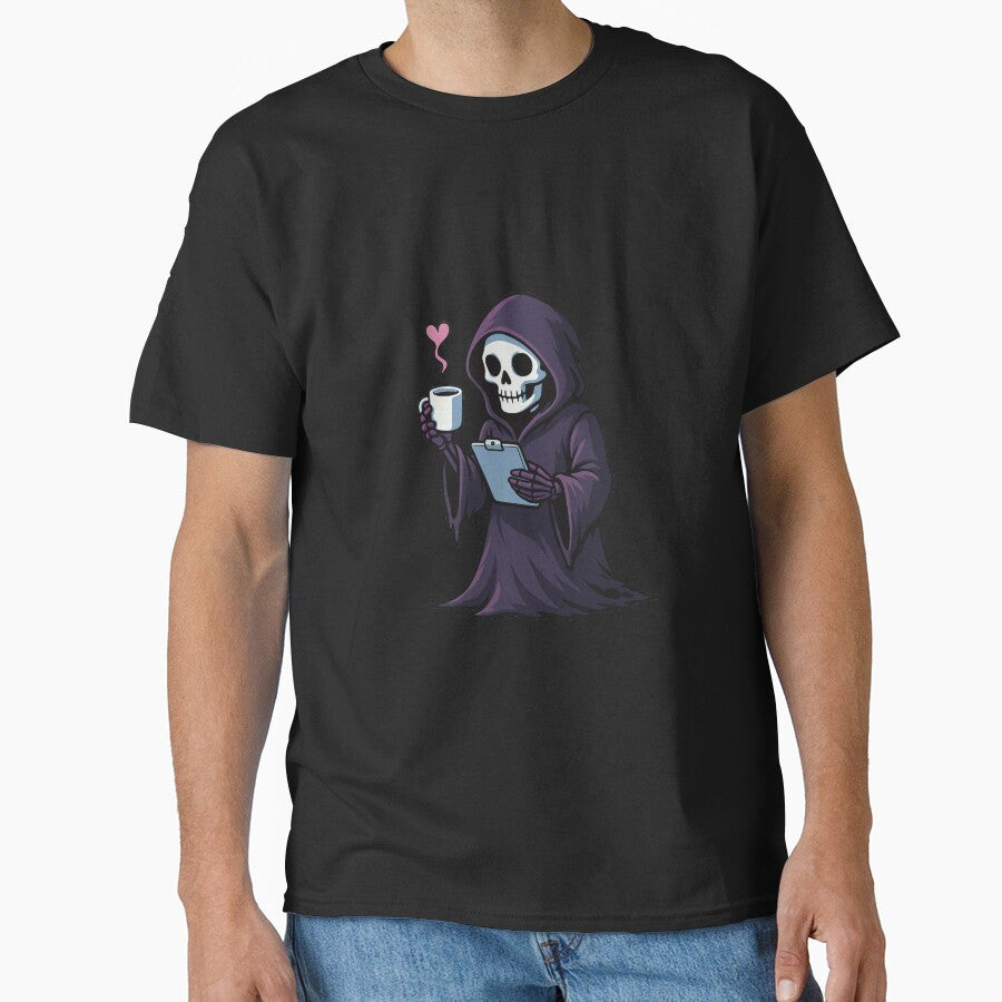 "Grim Reaper Coffee Break – Cute Skeleton with Steam Heart" by ColorSplash123