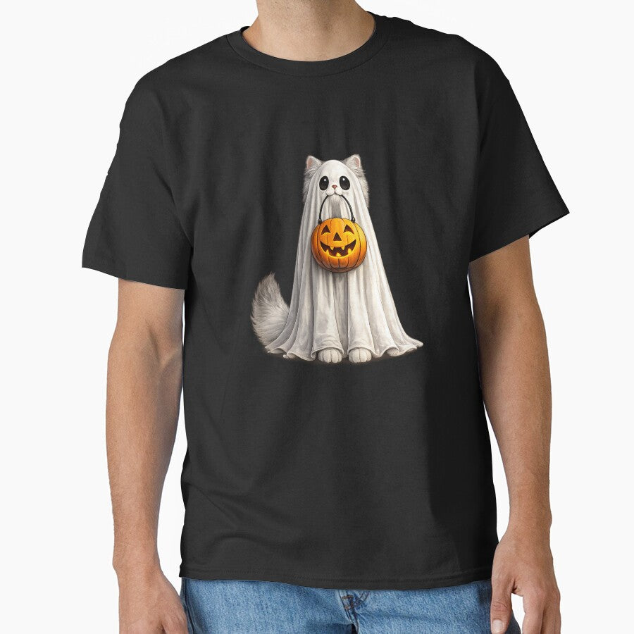 Cute Ghost Cat Halloween Pumpkin Trick or Treat Kitty Shirt by HectorStore11