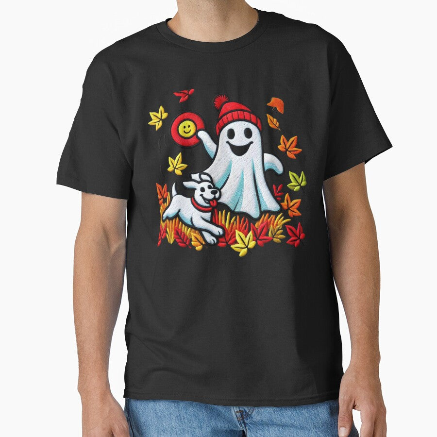 Ghost Playing Frisbee with Dog – Fun Fall Halloween Tee by BlankCanvasHaHa