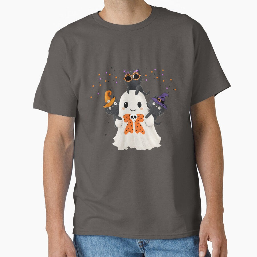 Cute Halloween Ghost with Black Cats | Spooky Kawaii Trick-or-Treat Art by MiraCatMiraCle