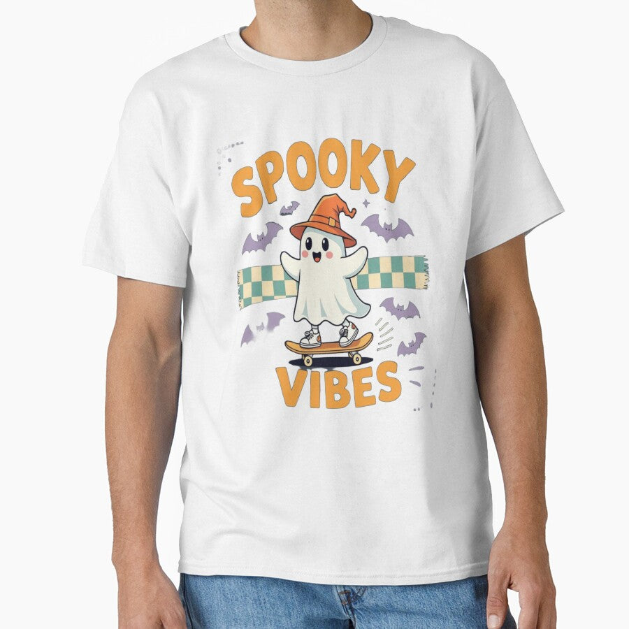 Cute Ghost Skater "Spooky Vibes" Halloween Graphic Design by ArtistryNetix