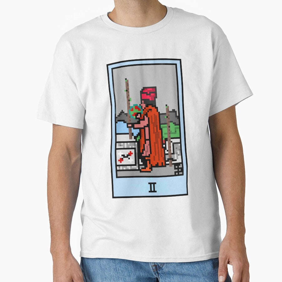 Wait, is this pixel art tarot? White - Minor Arcana 'Two of Wands' (Design for T-shirt, stickers and other accessories) by Pixel Waite