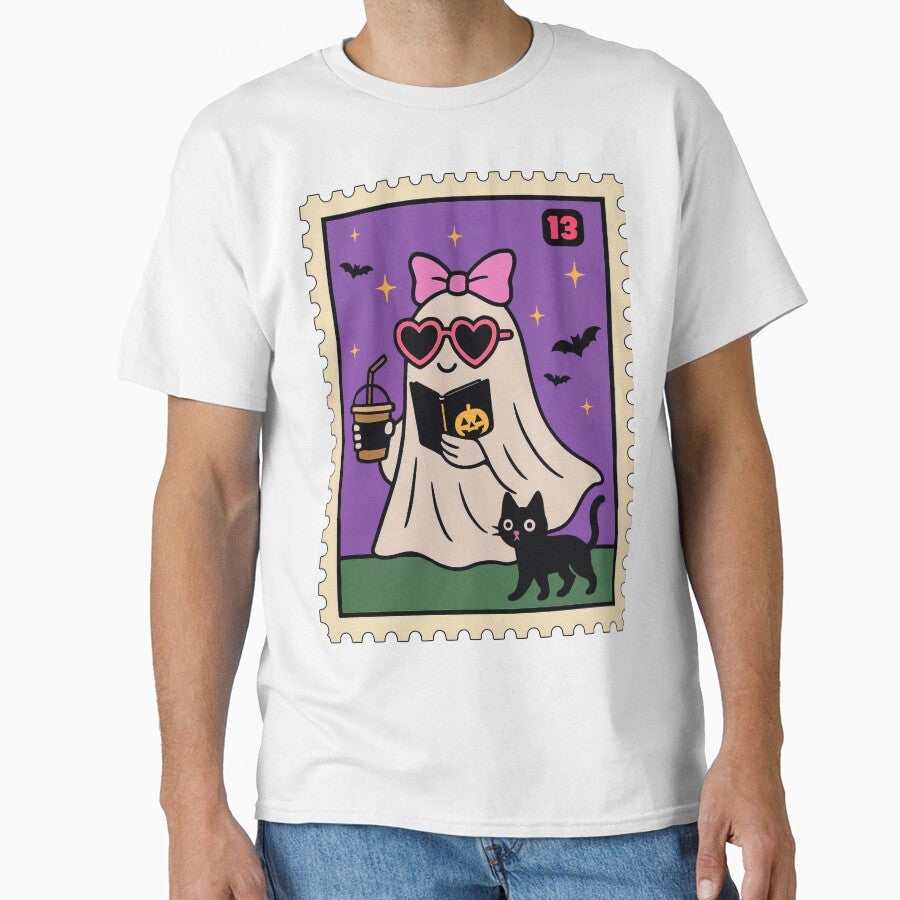 Cute Ghost with Book and Black Cat – Fun Halloween Kawaii Design by ZoTo-Studio