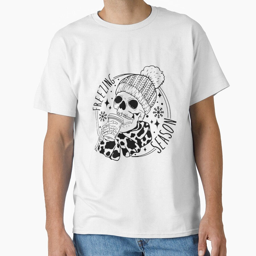 Freezin Season Skeleton Coffee Graphic Tee, Hoodie & Home Decor, Funny Winter Coffee Lovers Gift by Compass and a Camera
