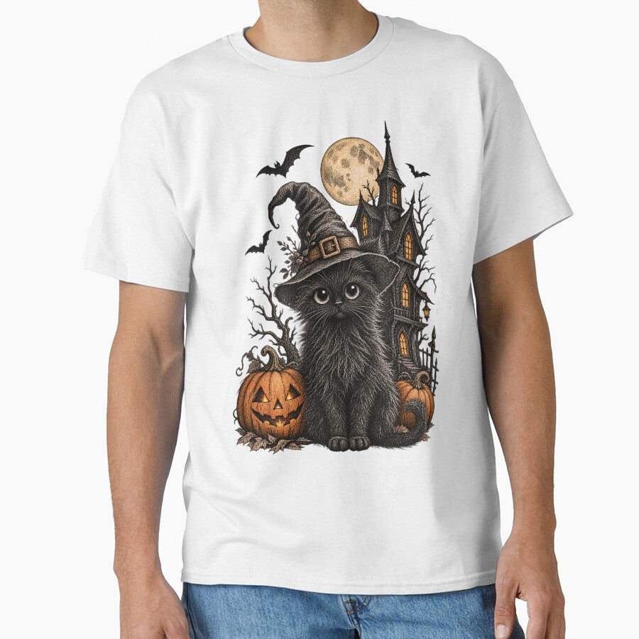 Mystical Black Cat Halloween Haunted Forest Pumpkin Moon Bats Vintage by SOUFIANE1991