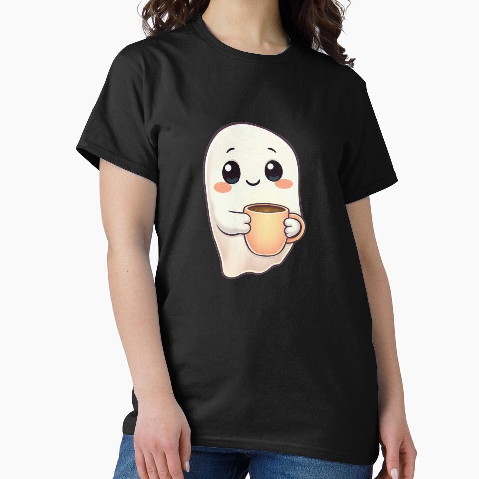 Cute Kawaii Ghost with Coffee ☕ – Cozy Pastel Cartoon Ghost Sticker & POD Design by CozyPops