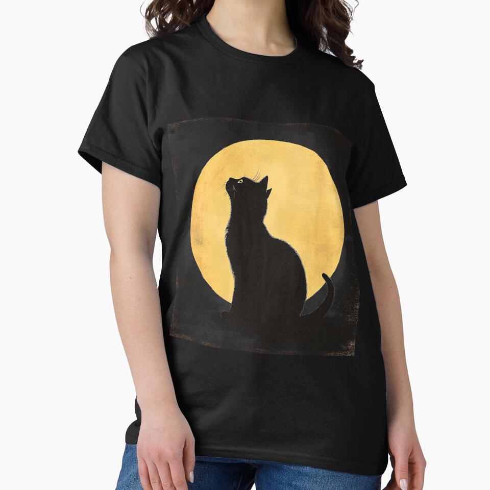 Black Cat Golden Full Moon Silhouette Vintage Aesthetic Art by GrinGalore