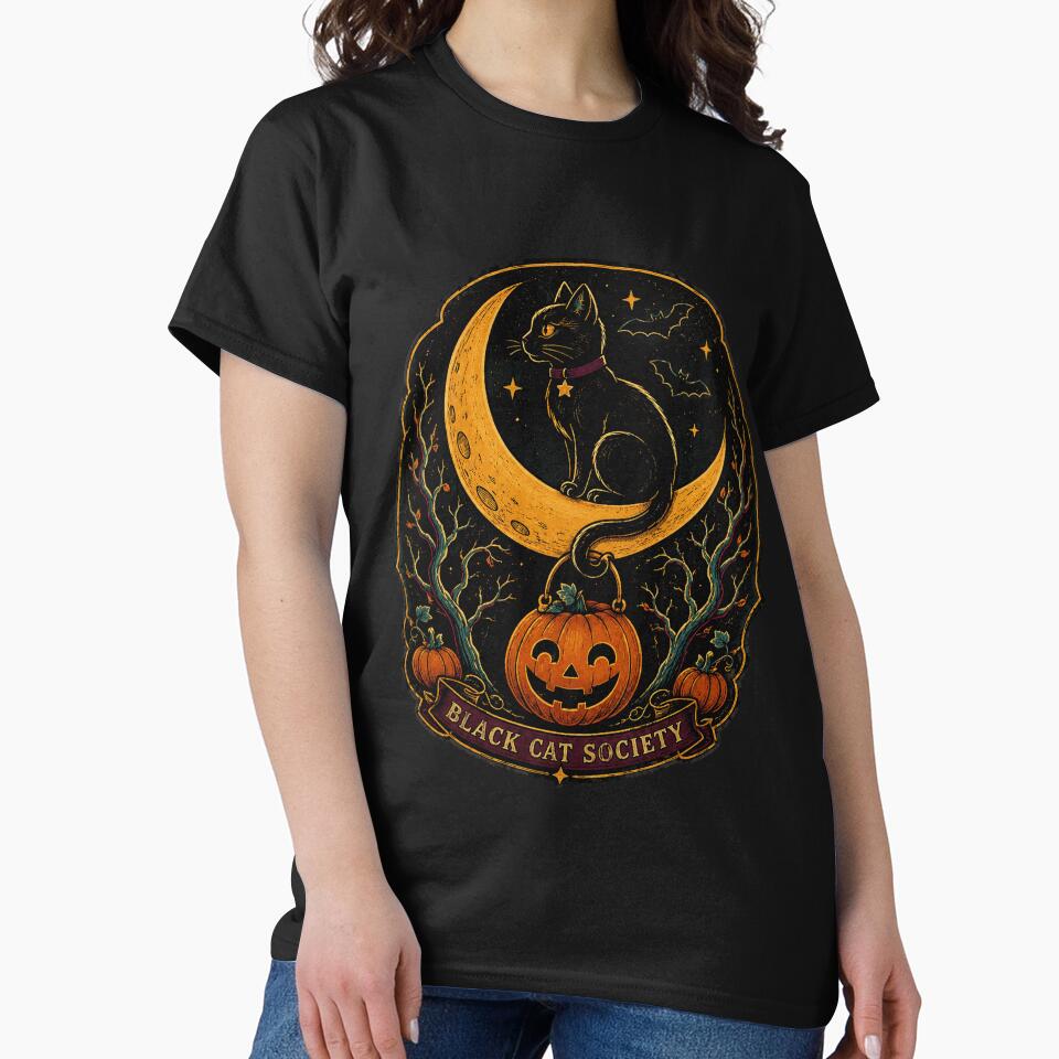 Black Cat Society Vintage Halloween Moon and Pumpkin by VioletNance