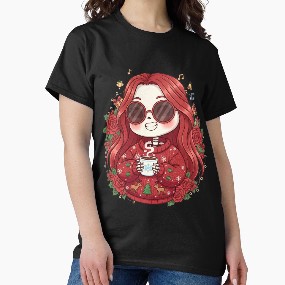 Chibi Skeleton Woman with Christmas Coffee | Cute Funny Holiday Art by ColorSplash123