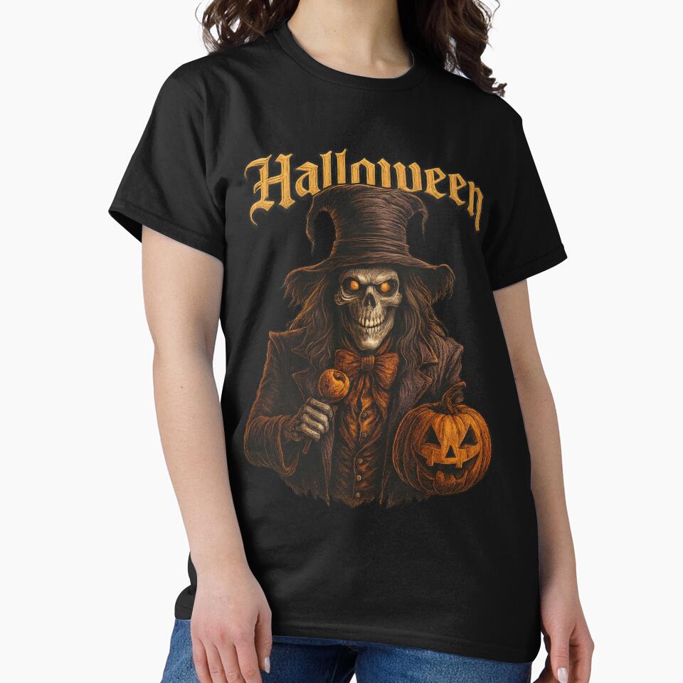 Vintage Gothic Skeleton Halloween T-Shirt | Spooky Skull Top Hat Tee | Dark Art Jack-O-Lantern Print | Creepy Fall Season Apparel by Graphisphere